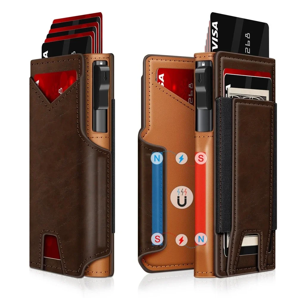 Slim RFID Wallet Men Minimalist Leather Card Holder Aluminum Pop-Up Bifold Brown